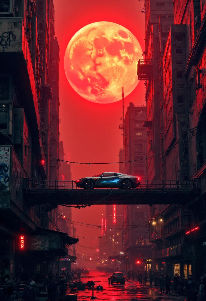 Cyberpunk highly detailed, high-resolution photograph, recypu style.
A futuristic urban landscape with a striking color palette dominated by deep reds, oranges, and blacks. The scene is set at night, with a massive, glowing, orange-red sun dominating the background, creating a dramatic, almost apocalyptic atmosphere. In the foreground, a sleek, futuristic car with neon blue lights is driving across a massive, metallic bridge that spans between two towering skyscrapers. The car has a sleek, aerodynamic design with sharp lines and a hint of sci-fi styling, adding to the high-tech feel of the scene.
The buildings on either side of the bridge are massive, angular structures with intricate, graffiti-covered facades, adding to the gritty, urban feel. The textures of the buildings are rough and industrial, with visible structural elements like beams and supports. The lower part of the image is filled with smaller, shadowy buildings, creating a dense, claustrophobic cityscape. The sky is a deep, dark red, dotted with faint stars, adding to the surreal, otherworldly quality of the scene. The overall style of the artwork is highly detailed and realistic, with a focus on the interplay of light and shadow to create depth and mood.