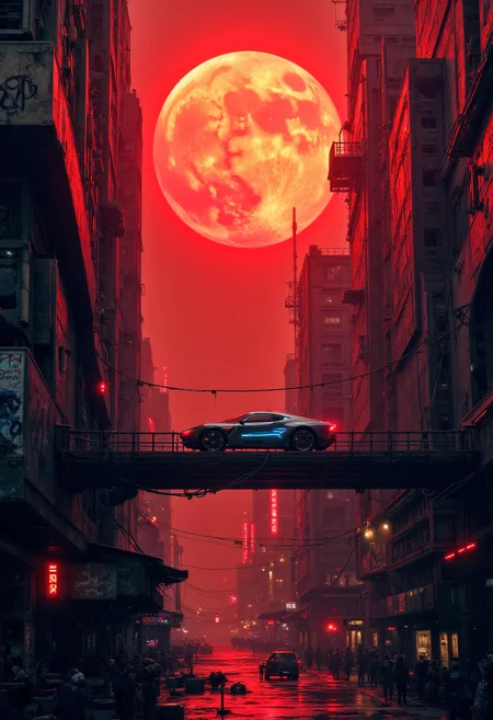 Cyberpunk highly detailed, high-resolution photograph, recypu style.
A futuristic urban landscape with a striking color palette dominated by deep reds, oranges, and blacks. The scene is set at night, with a massive, glowing, orange-red sun dominating the background, creating a dramatic, almost apocalyptic atmosphere. In the foreground, a sleek, futuristic car with neon blue lights is driving across a massive, metallic bridge that spans between two towering skyscrapers. The car has a sleek, aerodynamic design with sharp lines and a hint of sci-fi styling, adding to the high-tech feel of the scene.
The buildings on either side of the bridge are massive, angular structures with intricate, graffiti-covered facades, adding to the gritty, urban feel. The textures of the buildings are rough and industrial, with visible structural elements like beams and supports. The lower part of the image is filled with smaller, shadowy buildings, creating a dense, claustrophobic cityscape. The sky is a deep, dark red, dotted with faint stars, adding to the surreal, otherworldly quality of the scene. The overall style of the artwork is highly detailed and realistic, with a focus on the interplay of light and shadow to create depth and mood.
