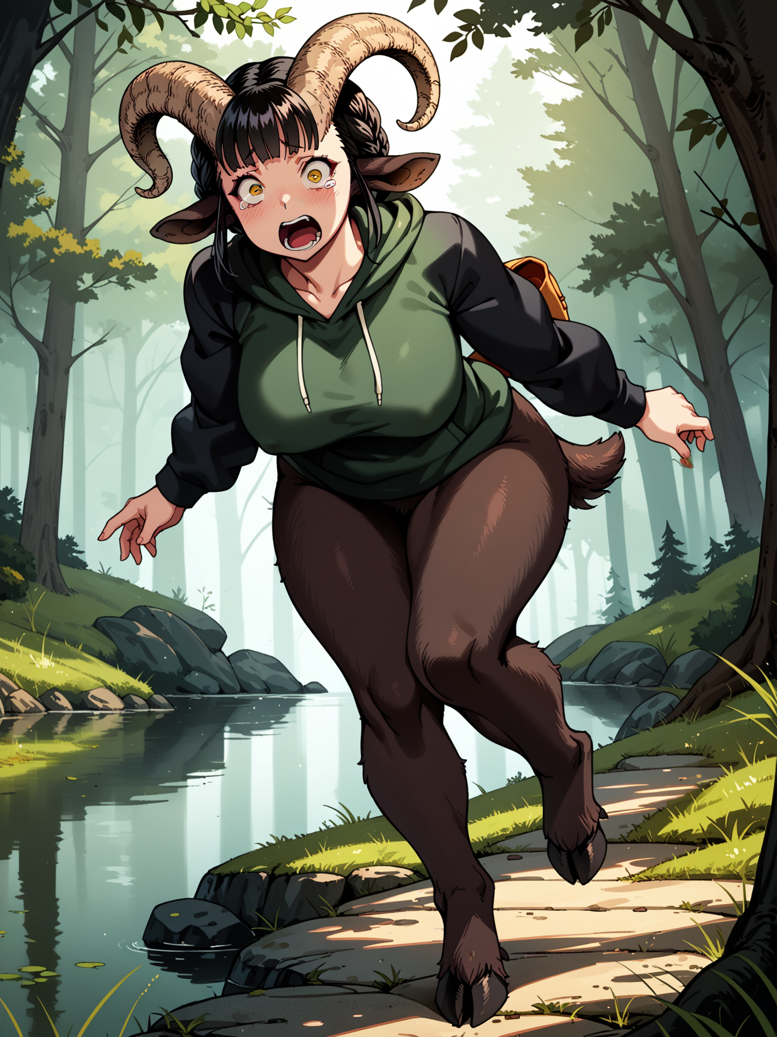 (, solo:1.1) <lora:happy_tentacle-maya-v0.6-000026:0.9>, ht_maya, satyr, goat girl, goat horns, goat tail, hooves, large breasts, yellow eyes, plump, thick thighs, black hair, (petite:1.2), <lora:Shed_The_Skin's StS_age_slider_v1_initial_release:-1.1> ( (hoodie :1.1) :1.1) ( , , (scared :1.2) , torogao , (looking at another:1.2) :1.1) , outdoors, vegetation, ( :1.1), , (dawn :0.6), , (:0.5), people , (european architecture :0.8), (forest:1.2), lake (( from below :1) :0.8) score_9, score_8_up, score_7_up, score_6_up, score_5_up, score_4_up, ( [(realistic, photorealistic:1.3):(realistic:1.2):14] [(3d:1.2)::12] :1) <lora:LUUNA's Lunas-NijiJourney-SDXL-B2:0.65>, nijijourney <lora:prgfrg23's Counterfeit-V3.0 Style SDXL_LoRA_Pony Diffusion V6 XL:0.35> <lora:mfcg's mfcgXL:0.12> <lora:reweik's gyokai(himehajime)_PonyXL_style_v01:0.14>