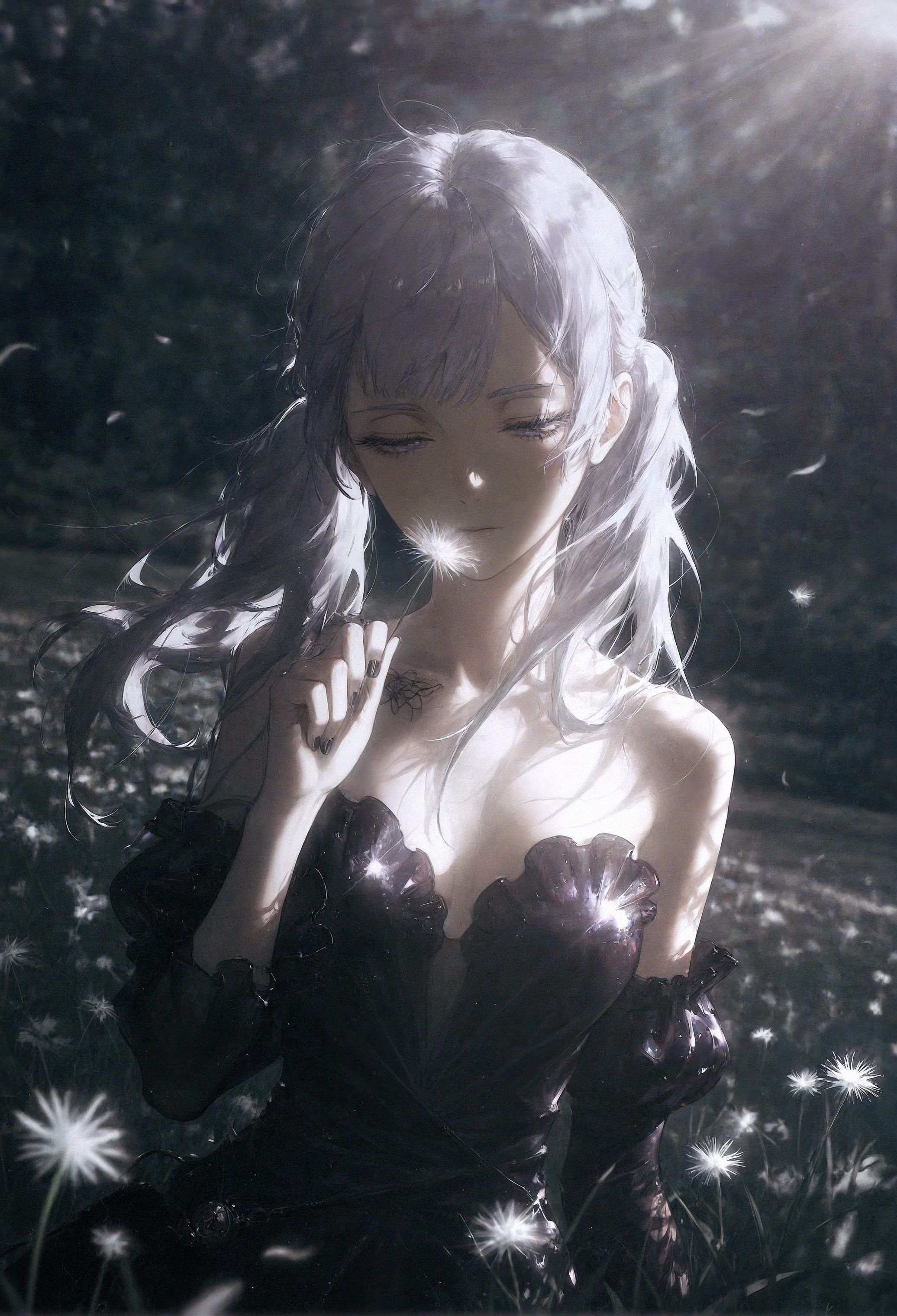 HDR, 8K, high contrast, masterpiece, best quality, amazing quality, very aesthetic, superabsurd res, high resolution, ultra-detailed, absurdres, newest, scenery, light rays, chiaroscuro,, (from_side:1.2),1girl,looking at viewernoelle silva,black clover,holding dandelion,nail polish,eyelashes,hand up,satin dress,strapless,half-closed eyes,standing,epic image,badass,masterpiece,wallpaper,blurry background,dutch angle,upper body,outdoors,negative_space,, illustration, , (by dino_(dinoartforame):0.4), mhh,lateral incidence of light,sdpllg,detailed-play-of-shadows,abstract,(wlop:0.3),