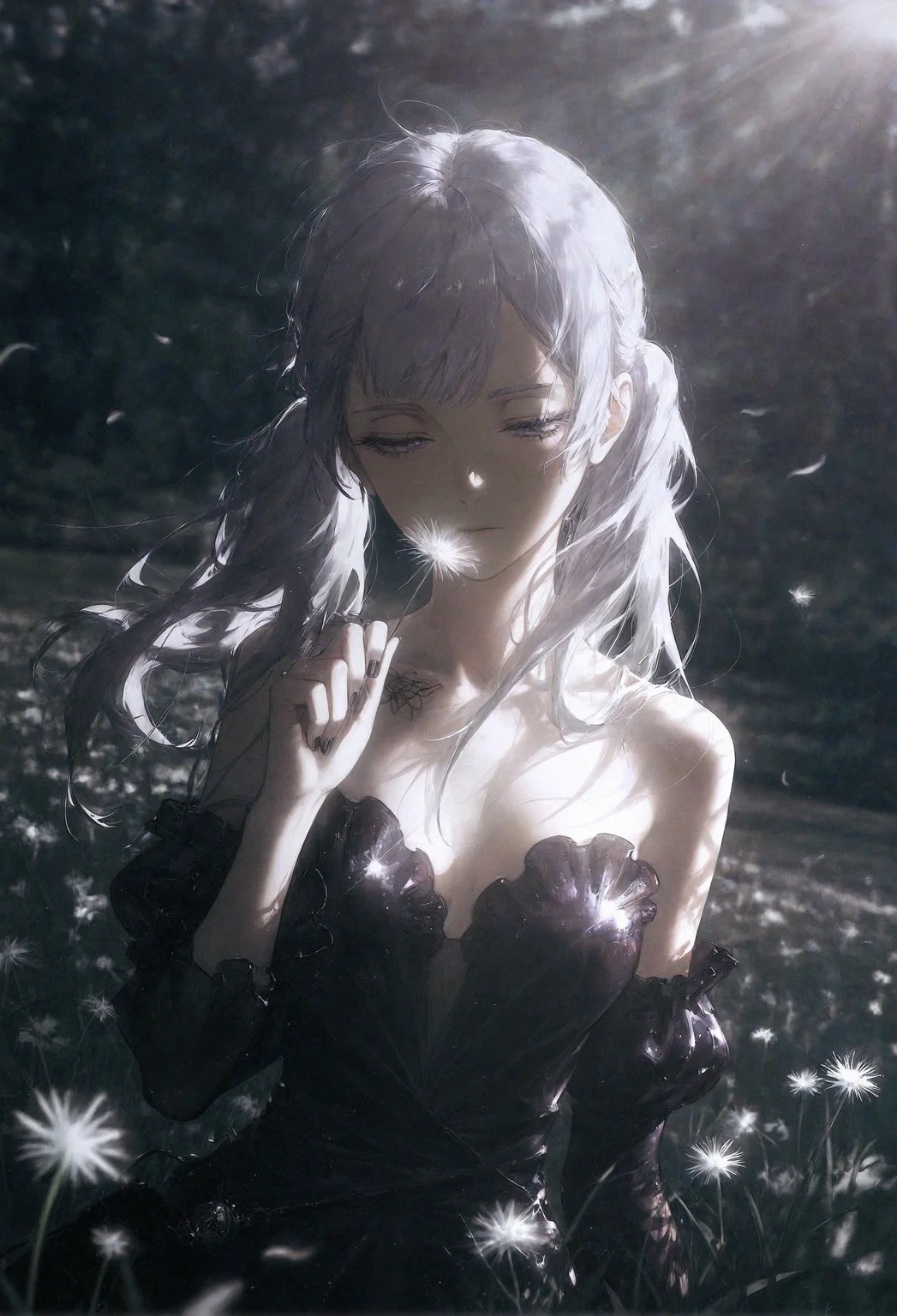 HDR, 8K, high contrast, masterpiece, best quality, amazing quality, very aesthetic, superabsurd res, high resolution, ultra-detailed, absurdres, newest, scenery, light rays, chiaroscuro,, (from_side:1.2),1girl,looking at viewernoelle silva,black clover,holding dandelion,nail polish,eyelashes,hand up,satin dress,strapless,half-closed eyes,standing,epic image,badass,masterpiece,wallpaper,blurry background,dutch angle,upper body,outdoors,negative_space,, illustration, , (by dino_(dinoartforame):0.4), mhh,lateral incidence of light,sdpllg,detailed-play-of-shadows,abstract,(wlop:0.3),