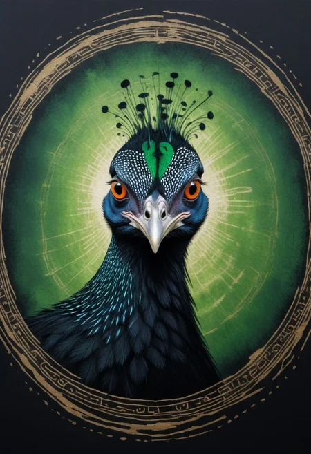 Ink illustration on black and ancient papyrus. A ghostly female  guinea fowl. Canvas hoods. seductive. provocative eroticism. Runic circle. Elements. Shiny eyes,
DEVIL SPAWN,green DEVIL SPAWN,linquivera,