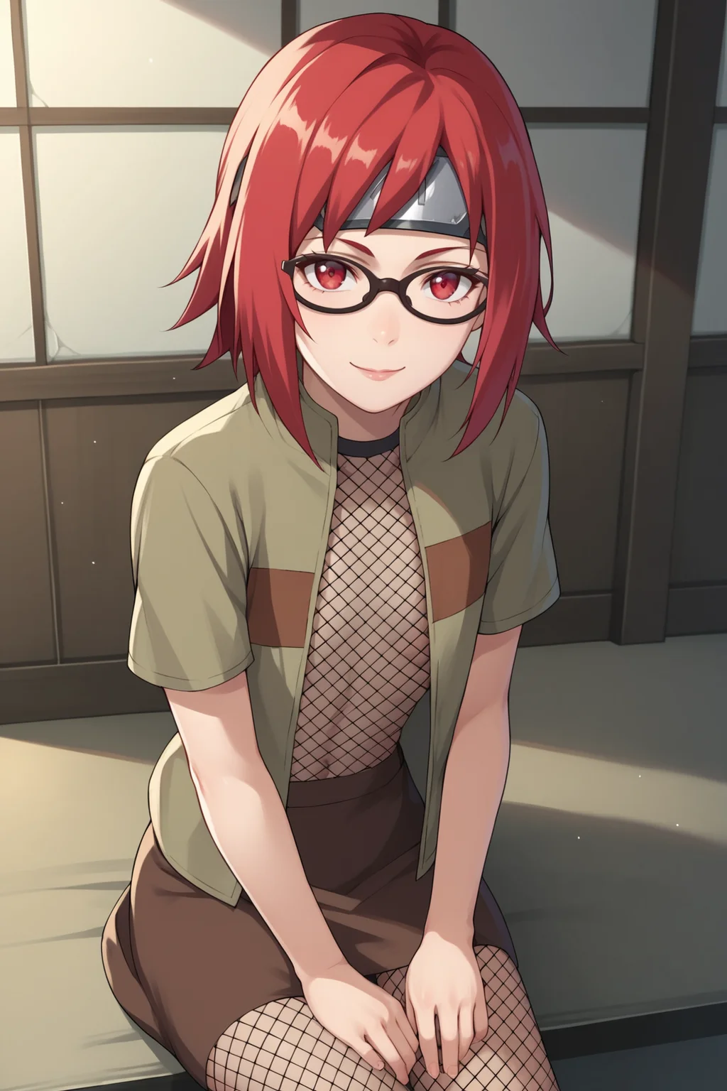 score_9, score_8_up, score_7_up, score_6_up, score_5_up, score_4_up, KarinUzumakiGEXL, black glasses, red eyes, red hair, short hair, bangs, sidelocks, forehead protector, flat chest, open shirt, shirt, short sleeves, fishnet top, brown skirt, fishnet thighhighs, solo, sitting, seductive smile, looking at viewer, indoors <lora:KarinUzumakiGEXL:0.8>