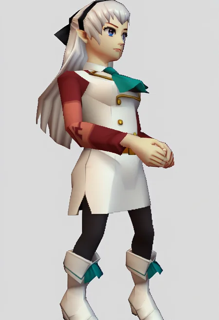 score_9, score_8_up, score_7_up, source_anime BREAK, 1girl, solo,
<lora:zs_N64ZeldaStyleXL:1> n64zeldastyle, 3d, polygonal, white background, full body
<lora:elie-pdxl-nvwls-v1:1> zeroElie, black hairband, hair ribbon, long hair, ascot, uniform, long red sleeves, white dress, pencil skirt, belt, black pantyhose, white boots, plain background