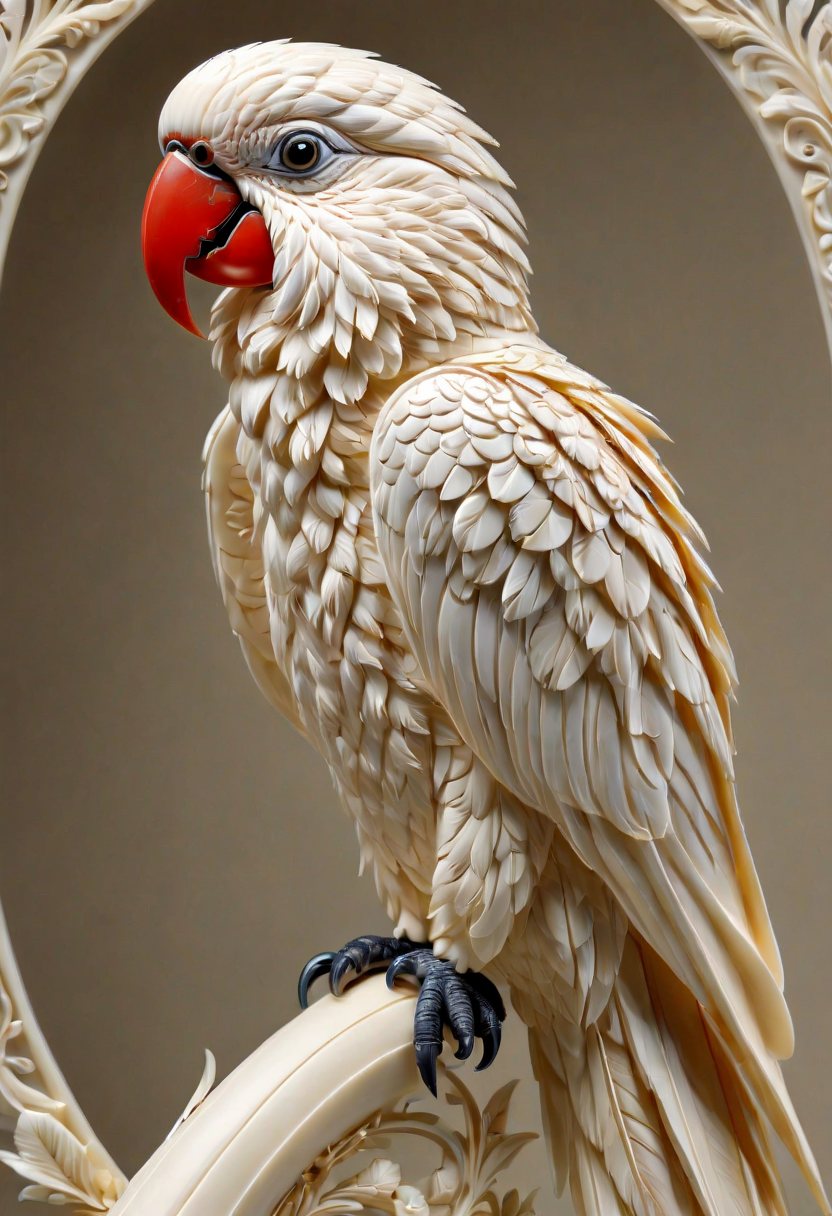 ivory_carving_style, beautiful picture of a parrot, closeup, made out of delicate and fragile fine original ivory material, whole body, masterpiece, flawless, elegant, vibrant details, (expansive view:1.4), (clear outlines:1.4), (ultra detailed:1.4), 64K, (high contrast:1.4), award winning, stunning, beautiful composition, clean sharp focus, SFW, realistic