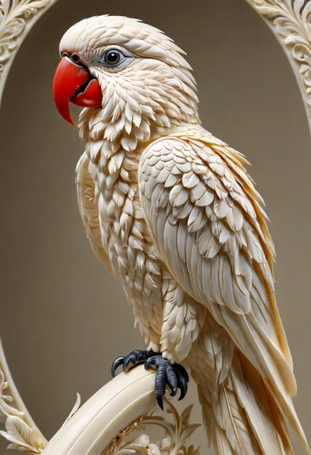 ivory_carving_style, beautiful picture of a parrot, closeup, made out of delicate and fragile fine original ivory material, whole body, masterpiece, flawless, elegant, vibrant details, (expansive view:1.4), (clear outlines:1.4), (ultra detailed:1.4), 64K, (high contrast:1.4), award winning, stunning, beautiful composition, clean sharp focus, SFW, realistic