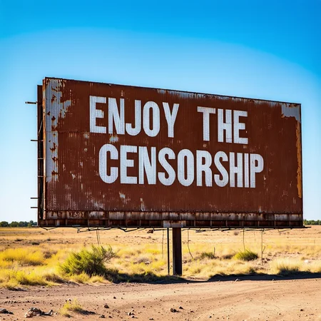 Photo of a old big rusty billboard in the middle of wasteland with the text "ENJOY THE CENSORSHIP". Extremely detailed, maximum quality, 8k, hdr