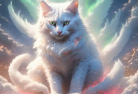 (best quality, masterpiece, perfect face,) A cute tiny mythical white cat with light blue eyes, in wonderland world with (magical little fairies yellow creatures:1.10) epic, absurd