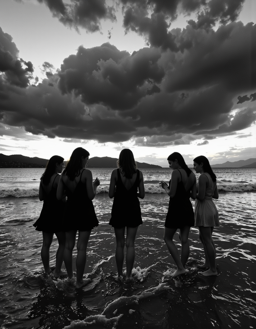 By Ibai Acevedo. A black and white photograph from a far camera angle about a group of silhouettes of women standing in shallow water at sunset on a beach. the image also shows dramatic clouds in the sky and distant mountains in the distance. on the middle of the image, a woman appears to be in her mid-twenties, standing with her back to the camera, facing away from the viewer. she is wearing a dress and her hair is long and flowing down her back. her body is slim and she is standing in the shallow water with her feet in the water. the other women in the group are standing with their backs to the viewer, facing the same direction. they are all wearing dresses and their hair is flowing down their back. the atmosphere is dramatic and moody, with the dramatic clouds casting shadows on the water and the distant mountains.