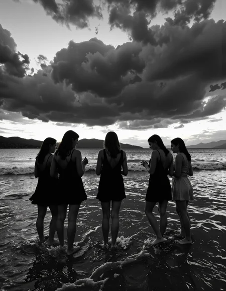 By Ibai Acevedo. A black and white photograph from a far camera angle about a group of silhouettes of women standing in shallow water at sunset on a beach. the image also shows dramatic clouds in the sky and distant mountains in the distance. on the middle of the image, a woman appears to be in her mid-twenties, standing with her back to the camera, facing away from the viewer. she is wearing a dress and her hair is long and flowing down her back. her body is slim and she is standing in the shallow water with her feet in the water. the other women in the group are standing with their backs to the viewer, facing the same direction. they are all wearing dresses and their hair is flowing down their back. the atmosphere is dramatic and moody, with the dramatic clouds casting shadows on the water and the distant mountains.