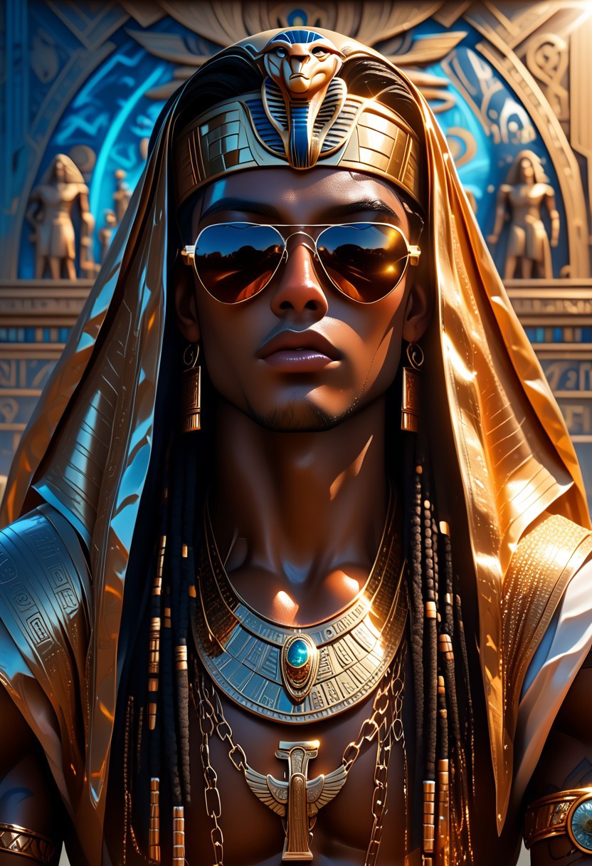 score_9, score_8_up, score_7_up. A hyper-detailed, close-up shot of an ancient Egyptian god who has embraced modern-day rapper style. The god's face retains the regal, divine features of a pharaoh, with striking gold makeup, including intricate eyeliner and decorative tattoos, resembling hieroglyphics on the skin. His head is adorned with a golden headdress, echoing the grandeur of an Egyptian pharaoh, but with a twist—modern elements like flashy sunglasses rest on his face, and his headdress incorporates elements like a bandana or gold chains. His attire mixes traditional pharaoh-like accessories, such as a golden collar and ornate wrist cuffs, with modern streetwear—baggy clothes, a gold dollar sign necklace hanging from his neck, and a flashy watch. His expression should radiate confidence and charisma, embodying both divine power and the swagger of a contemporary rapper. The background should be a blend of ancient Egyptian architecture and urban elements—think stone temples juxtaposed with graffiti walls, giving the scene an edgy, modern vibe. The god’s gaze should be intense, with an aura of cool, street-smart energy, while the shimmering gold accents reflect both his ancient heritage and his new-age, rapper persona. Masterpiece, digital artwork, hd, trending on artstation and deviantart.