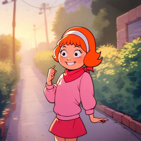 score_9, score_8, score_7, female child, daphne, orange hair, short hair, hairband, skirt,, smiling, outdoors, natural lighting