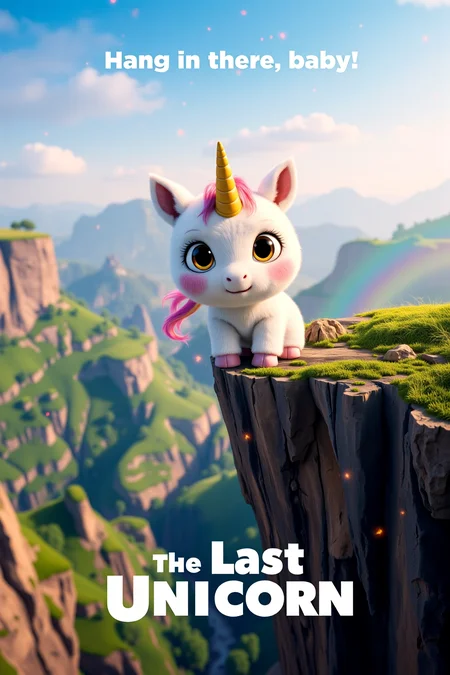 mvpstr. Epic Movie poster for "The Last Baby Unicorn", featuring A cute, wide-eyed baby unicorn with pastel-colored fur and a tiny horn clings precariously to the edge of a cliff, looking both determined and a bit nervous. In the background, a whimsical, mystical landscape is visible, with gentle hills, magical sparkles, and a faint rainbow. tagline at the top reads: "Hang in there, baby!" At the bottom, add the film title, "The Last Baby Unicorn," in a playful, fantasy-style font that complements the lighthearted tone. <lora:schnell_v1.0:1.0> <lora:EpicMoviePoster-000015:0.8>