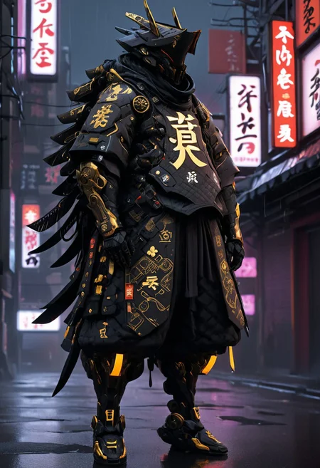 Image depicts a futuristic, cyberpunk-style warrior standing in a neon-lit urban environment. The subject is clad in an elaborate, dark armored suit with intricate details and glowing gold accents. The helmet features sharp, angular designs with a menacing, visor-covered face. The armor includes various technological components and Japanese kanji characters in white and gold on the chest and arm. The warrior is equipped with multiple swords, sheathed on the back and sides, and the overall aesthetic is dark and imposing. The background showcases a rainy city street with neon signs in Japanese, adding to the cyberpunk atmosphere. Black Smoke emanating from behind the samurai, full body