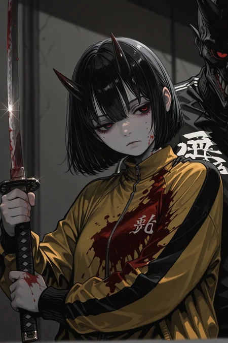 1girl, solo, black hair, bob cut, hair between eyes, solid black eyes, detailed eyes, looking to the side, mole under eye, expressionless, pale skin, standing, holding katana, two-handed, blood, blood on face, blood on clothes, track suit, blood on weapon, striped yellow jacket, blood stain, BREAK, 1other, lurking, oni, demon, red eyes in shadow, blurry background, glint, movie reference, no lineart, no outline, blending, r17329_illu,Sinozick_illu, spot color,