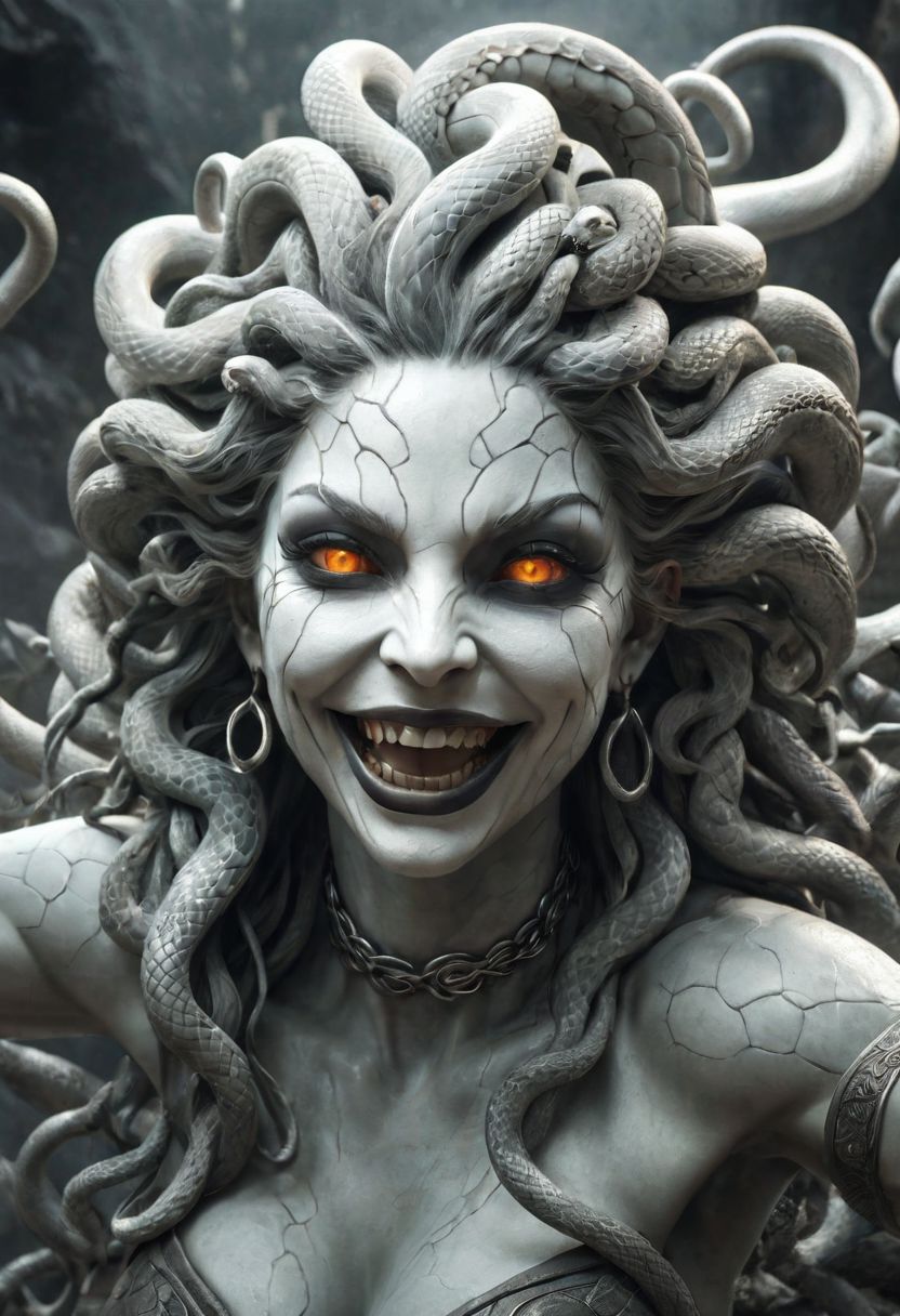 sinister, smiling medusa, (glowing eyes:1. 2), full body, pale white cracked skin, dusty white rock face, horror, chiseled, snakes growing out of her head, dramatic, (masterpiece, best quality, high quality), hyperdetailed, highres, intricate detail, HDR, 8k, sharp focus, detailed background, perfect hands, realistic eyes, detailed skin texture, subsurface scattering, realistic, temple, dark, photorealistic,