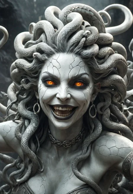 sinister, smiling medusa, (glowing eyes:1. 2), full body, pale white cracked skin, dusty white rock face, horror, chiseled, snakes growing out of her head, dramatic, (masterpiece, best quality, high quality), hyperdetailed, highres, intricate detail, HDR, 8k, sharp focus, detailed background, perfect hands, realistic eyes, detailed skin texture, subsurface scattering, realistic, temple, dark, photorealistic,