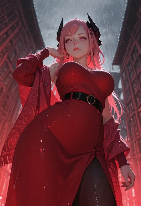 very detailed, flat color, no lineart, Vibrant Contrast, gradient colors, particle effect, (fine fabric emphasis:1.2), (((masterpiece, amazing quality, best quality, ultra-detailed, 8K, illustration, amazing quality, newest, absurdres, realistic))), highres, very aesthetic, absurd res, hi res, very awa, dynamic angle, refined, volumetric lighting, cinematic lighting, blurry background, close up vivid colors, ((source_realistic:1.6)), hyper detailed, (dynamic pose:1.4), depth of field, photorealistic colors,
film grain, realistic, (cinematic:1.3), textured sketch, red theme,
(lens blur:1.2),
(dynamic angle), dutch angle, from below, long shot,
contrapposto, hand up, looking afar,
grey sky, storm, rain, water drop, building, outdoors,
(blurry background:1.2), fisheye, backlighting, depth of field, perspective,
1girl, breasts, demon horns, horns, solo, long hair, pink hair, pink eyes, hair ornament, Patterned shawl, wide belt, sleek bob, large hoop earrings, strapless, collarbone, long sleeve,