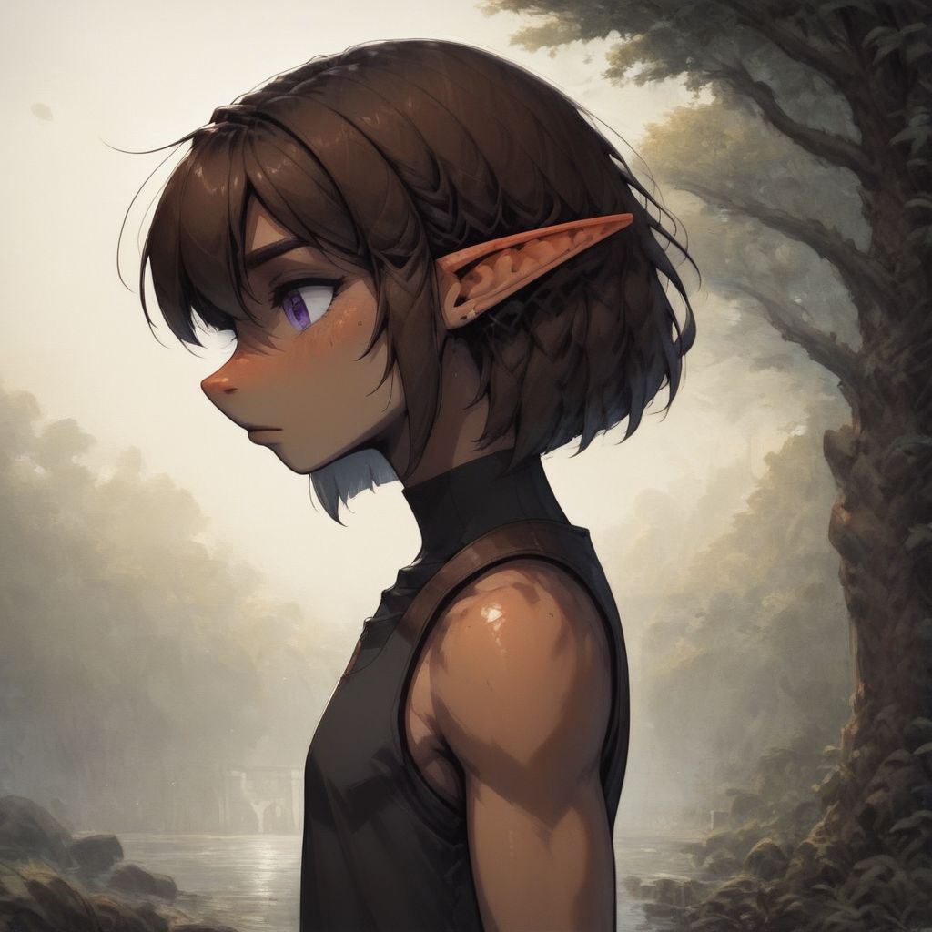 ASCIILapanya, 1 person, pointy ears, 3 fingers 1 thumb, snout nose, flat chest, side view, close-up, olive-tone skin, tall, square jaw, violet irises, dark brown hair, straight bob haircut parted in the middle, athletic build, small nostrils, black sleeveless tunic, brown breeches, belt 
running, outdoors, fully clothed, clean lines, highly detailed, high quality, best quality,  rating: safe