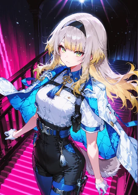 zPDXL3 Real score_9, score_8_up, score_7_up, score_6_up source_anime, highly detailed, sharp, intricate details, rating_safe rating_sensitive, rating_explicit, masterpiece, best quality, good quality, bright eyes light particles lens flare amazing quality, very aesthetic, very awa, absurdres, newest,
<lora:yoneyamaiXLNBVP1lokrV6311PZ:0.5>,
<lora:96YOTTEA_IL:0.5>
<lora:nhl-001:0.4> nhl-001 film grain multicolored background <lora:ponyv4_noob1_2_adamW:0.4>
medium breasts, dynamic pose, dynamic angle,
optical illusion, ssambatea, quasarcake, Fishine, arutera, soresaki, reoen, sanbonzakura, askzy, negative space, see-through, made of, neon light, detailed background,
A lavish mansion's grand staircase as the centerpiece, with plush red carpeting unfurling between ornate dark wood banisters. A young girl in a formal dress stands alone, her presence highlighted midway up the broad steps, capturing the opulence of the estate.
niji-ruri, green eyes,multicolored eyes,gray hair,blonde hair,multicolored hair,gradient hair,dog tail,gray tail,long hair,sidelocks,black hairband,
niji-ruricos1,white shirt,short sleeves,blue neck tassel,harness,blue belt,holster,bottom belt,hip holster,high-waist shorts,tight shorts,black shorts,white gloves,half gloves,blue pantyhose,pantyhose under shorts,thigh strap,
poncho jacket,white capelet,
<lora:niji-ruri:0.7>