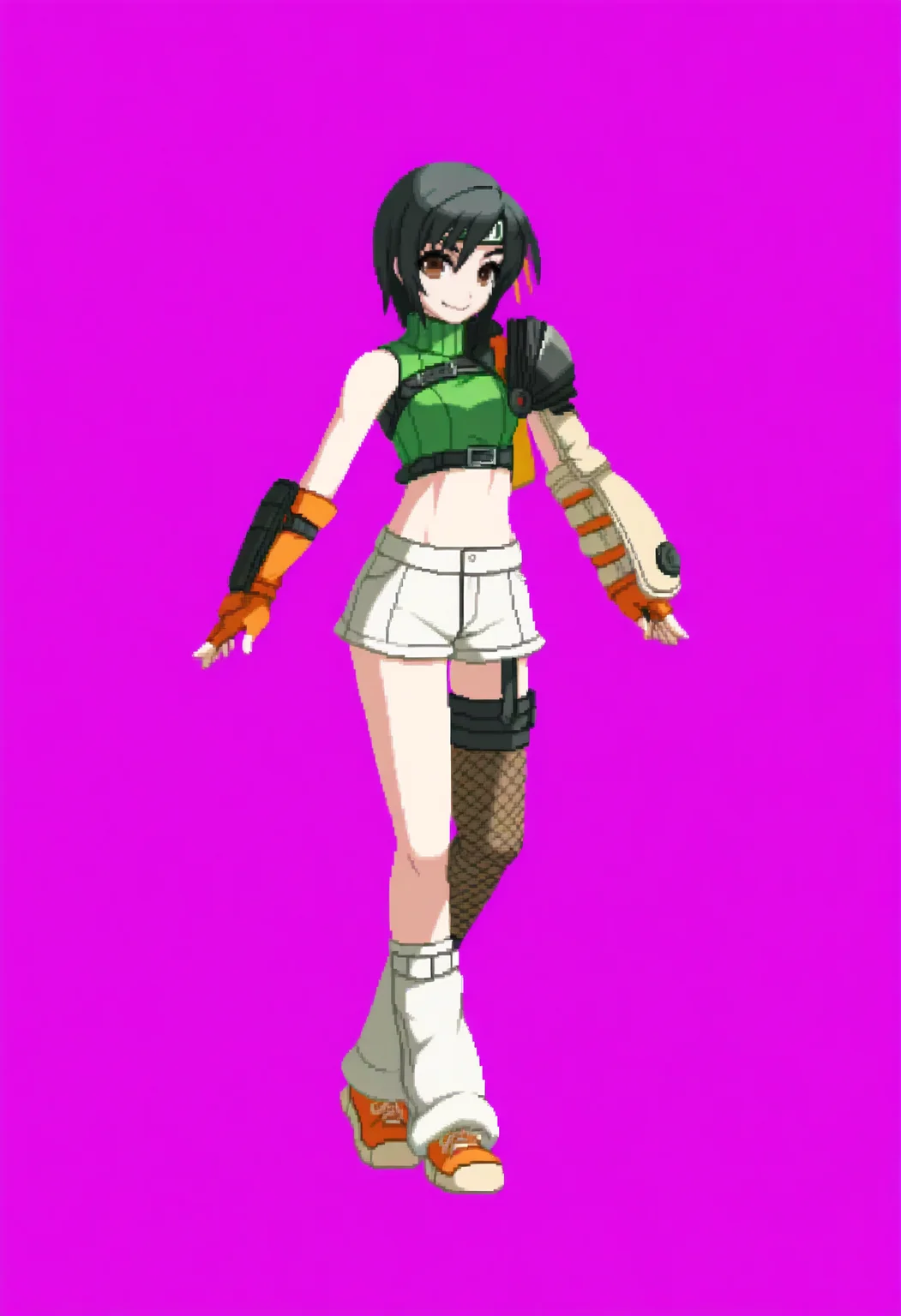 masterpiece, best quality, solo, 1girl, smile, looking at viewer, <lora:Dengeki_Bunko-illus_Fp:1>, full body, pixel art, simple background, <lora:Yuffie-illus_Fp:1>, yuff7, short hair, black hair, brown eyes, forehead protector, green turtleneck, midriff, single pauldron, chest strap, single arm guard, orange gloves, fingerless gloves, white shorts, fishnets, sneakers, leg warmers, orange footwear,  single thighhigh, armor,