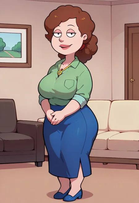 score_9,score_8_up,score_7_up,score_6_up,best quality, 1girl, solo, living room, couch, indoors,
BREAK
unnamed girl, brown hair, black eyes, (mature female:1.5), (plump:1.2), large breasts, gigantic ass, gigantic hips, green sweater, rolled up sleeves, blue skirt, navy blue shoes, own hand together, smile, looking at viewer, long skirt, half-closed eyes, necklace,