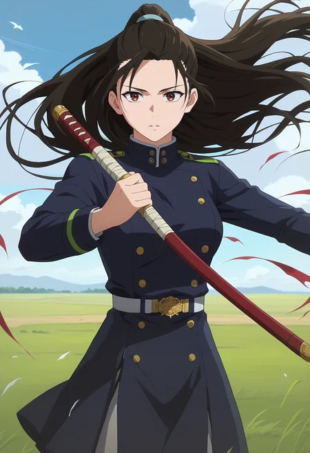 score_9, score_8_up, score_7_up, anime screencap, source_anime, 1girl, solo,
<lora:Aiko_Aihara_Seraph_of_the_End_V1:.85>, KJOaiko, black hair, brown eyes, long hair, ponytail, 
military uniform, 
expressionless, parted lips, action pose, holding bow, bow \(weapon\), 
outdoors, field, wind,
(Beautiful, medium Breasts:1.2),