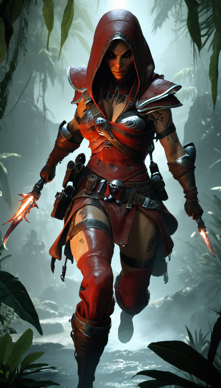 Cinematic scene, hero view, diablo 4, female rogue, action pose,  <lora:diablo_4_rogue_v0.0.2:1>, jungle, masterpiece, best quality, high quality, absurdress