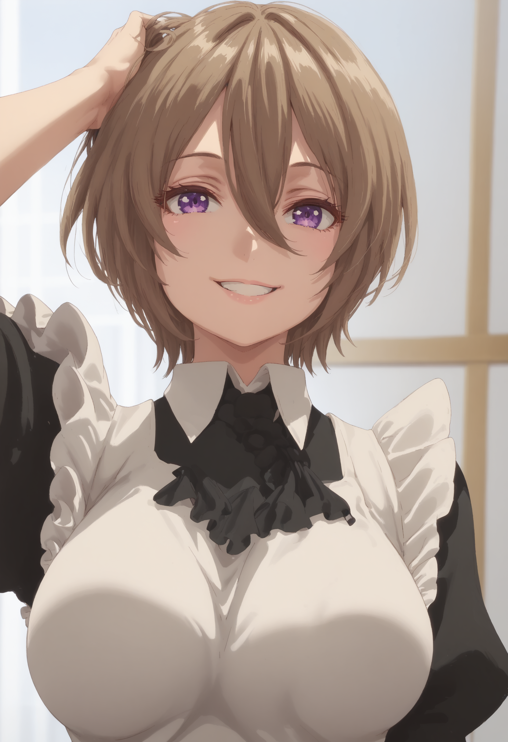 score_9, score_8_up, score_7_up, high res image, 22yo, mature woman, masterpiece, 1girl, solo, bright colors, anime style, large breasts, anime style, perfect light, professional photo, bold colors,<lora:KaifukuMeido:1>, KaifukuMeido, Meido, brown hair, short hair, purple eyes, hair between eyes, black maid outfit, smile, maid,  (close-up, upper body:1.4), hand in hair,