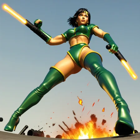 score_9,score_8_up,score_7_up,score_6_up,score_5_up,score_4_up BREAK <lora:black_orchid-v0_pdxl:0.8>,black orchid,1girl,short hair,black hair,green nails,thighhighs,gloves,high heels,thigh boots,green footwear,fingerless gloves,crop top,headband,green leotard,earrings,jewlery,3D,1990s (style),Asian,tonfa,weapon,cover page,action pose,fire,explosions,from below,