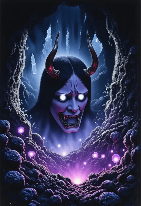 Satyr ArsMovieStill, movie still from a 1970s horror movie Studio Ghibli Dark Fairytale depicting a cursed hannya mask with horns and fangs in an eerie dark forest amidst twisting vines and luminous purple mushrooms