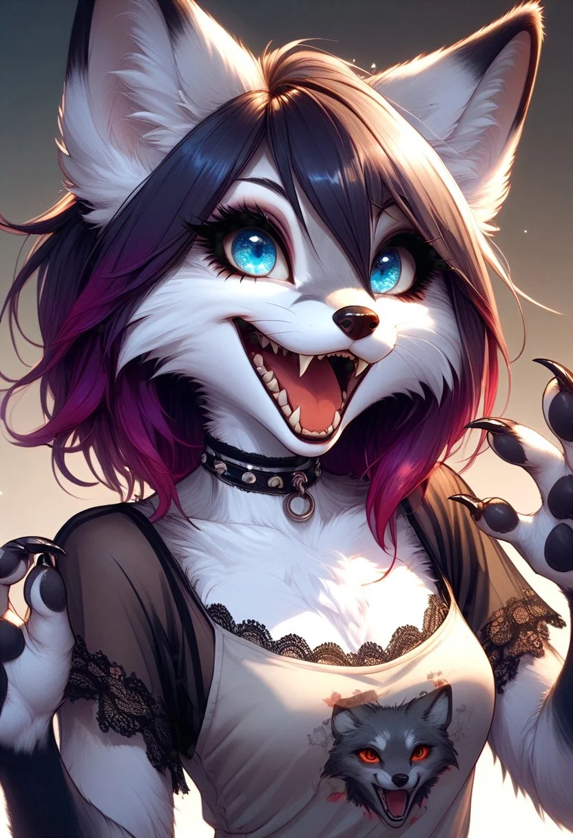 score_9, score_8_up, score_7_up, source_furry, (blue eyes, gradient eyes:1.4), (paws:1.3), OMTW1, open mouth, sharp teeth, bright eyes, sharp nails, body fur, gradient hair, eyeliner, small claws, radiant eyes, FLEV, fox ears, red-violet hair, sheer, lace, fangs, eyeshadow, eyelashes