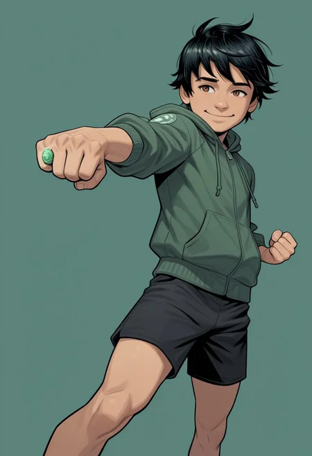 masterpiece, absurdres, high quality, perfect anatomy, 1boy, solo, cute boy, male focus, TaiPham, Black Hair, Green Lantern Ring, brown eyes, green jacket, hood, black shorts, big smile, cinematic, intricately detailed illustration, depth of field, masterpiece, best quality, amazing quality, very aesthetic, absurdres, newest, very awa,  shadow, dynamic angle, casual cosplay, dynamic pose, simple background, green theme
