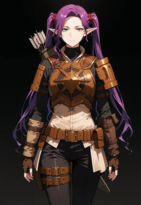 masterpiece, best quality, highly detailed, ultra-realistic, score_9, score_8_up, score_7_up, score_6_up,
1woman, solo, sporty female, mature girl, big woman, warrior women, Imina, slim, elf, twintails, long face, nice skin, long hair, purple hair, green eyes, looking at viewer,
aesthetic, pauldron, light armor, brown leather armor, fingerless gloves, circle breastplate, quiver, black turtleneck, red scrunchies, belt, pouch, black pants, hip belts, classy, elegant, stylish,
tall woman, nice hips, detailed eyes, detailed face, empty hands,
fit, toned, stands proudly, outdoors, (black background:1.2), <lora:Imina_Overlord:1.4>