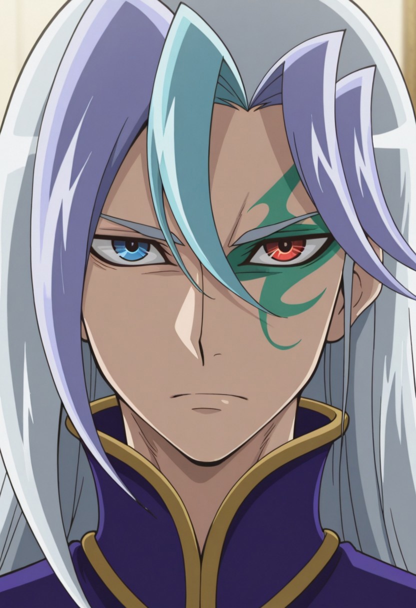 masterpiece,best quality,amazing quality, source_anime, 
chrisArclight, 1boy, male focus, solo, heterochromia, red eyes, blue eyes, green facial tattoo, multicolored hair, grey hair, blue hair, long hair, coat, purple coat,  portrait,