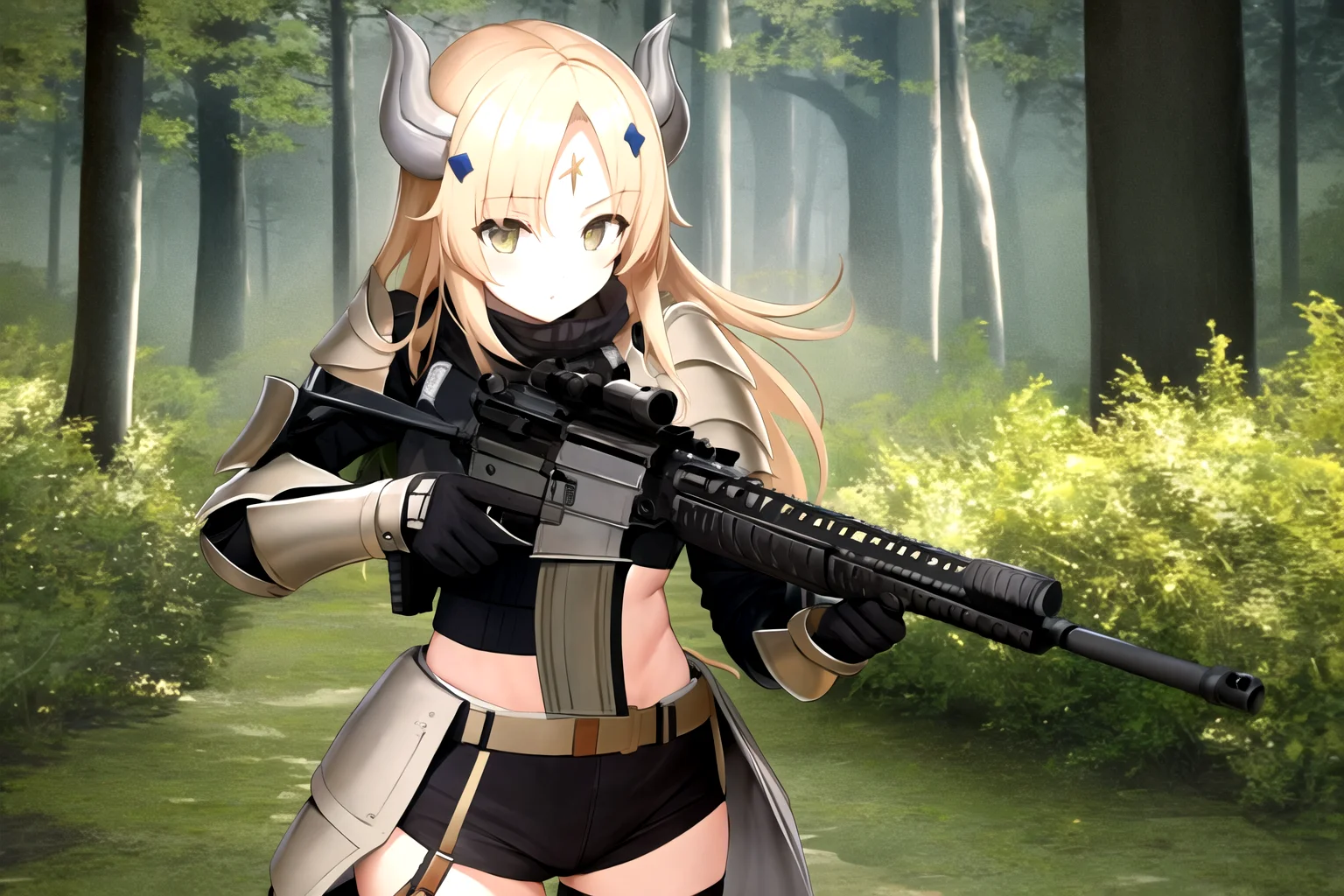 masterpiece, best quality, 1girl, m4a1, ecclesia, armor, horns, rifle, trigger discipline, forest background <lora:Ecclesia e6:0.8> <lora:m4a1:0.8>