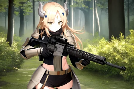 masterpiece, best quality, 1girl, m4a1, ecclesia, armor, horns, rifle, trigger discipline, forest background <lora:Ecclesia e6:0.8> <lora:m4a1:0.8>