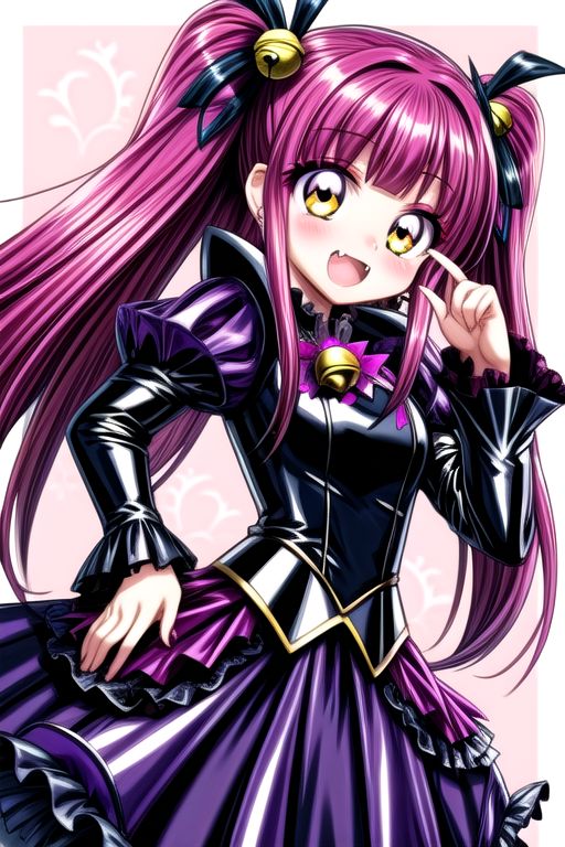 Bad_End_Precure, DarkPrecure, evil corrupted princess wearing dark pastel (ruffled:1) (gleaming latex:1) gown with (long latex vampire cloak:1) and (long frilly bell sleeves), soft lighting, ruffles, (cute fang:1.5)
(vmpr:1),
<lora:more_details:1>,