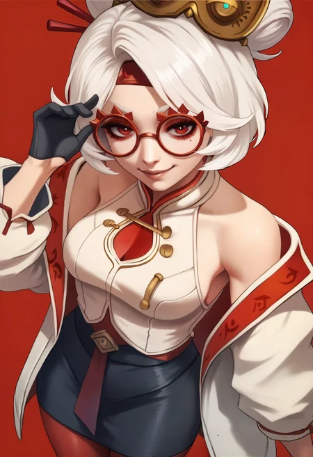 score_9, score_7_up BREAK purah, white hair, red eyes,hair ornament, red headband, red glasses, sleeveless shirt, white coat, black skirt, red leggings, gloves, simple background,smug,looking at viewer <lora:monorirogue_pd_glora:1> <lora:purah-pdxl-nvwls-v1:0.8>