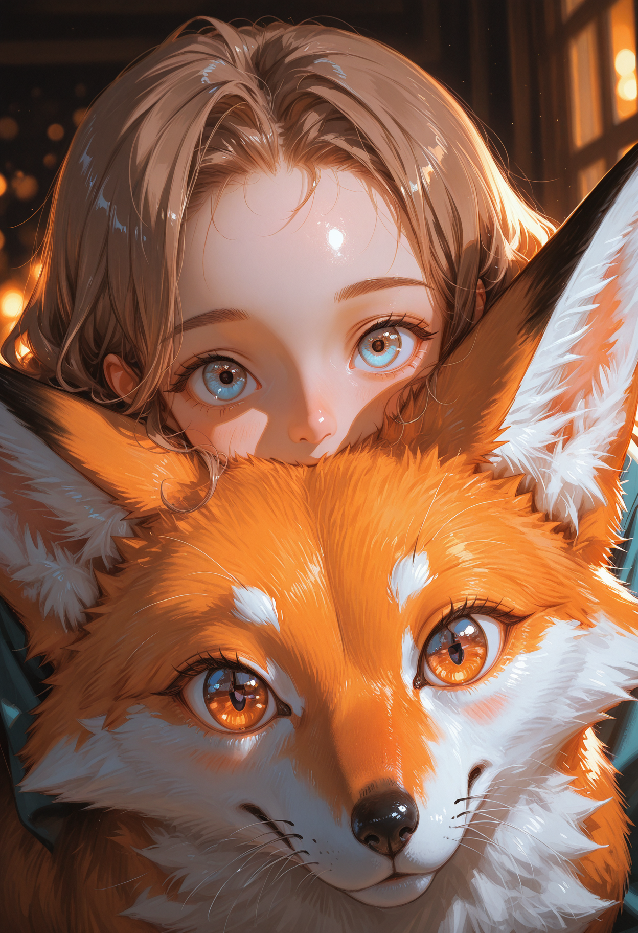 1girl, human, fox, fluffy, duo,
close-up, heads stack, looking at viewer,
large eyes, light blue eyes, eye reflection, wavy brown hair, forehead, eyebrows, peach skin, pink cheeks, pink nose,
orange and white fur, brown eyes, black nose, whiskers,
soft lighting, gentle light, warm lighting,
kind atmosphere, warm atmosphere, curious atmosphere,
innocence, gentle expression, curious expression,
masterpiece,best quality,amazing quality,
 <lora:GBF_Illustrious:0.5>, <lora:MoriiMee_Gothic_Niji_Style_Illustrious_r1:0.5>, <lora:Smooth Booster:0.5>, <lora:USNR STYLE_XL_loha:0.5>