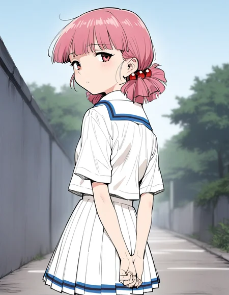 <lora:KirisakiMaiXL_ani31_3:0.8> 1girl, solo, kirisaki mai, low twintails, hair bobbles, white collared shirt, white pleated skirt,
looking back, from behind, expressionless, outdoors, arms behind back,
best quality