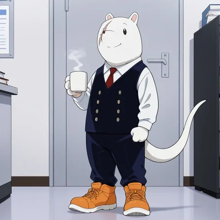 masterpiece, best quality, amazing quality, official style, n3zumh4, male, furry male, anthro, solo, white fur, black eyes, black nose, scar on face, small ears, paw pads, tail, white shirt, red tie, blue vest, buttons, blue pants, orange sneakers, standing, holding cup of coffee, smile, indoors, office, cubicles