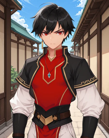 masterpiece, amazing quality, best quality, absurdres, very aesthetic,
1boy, solo, yaoi, male focus, cowboy shot, upper body, looking at viewer, face focus,
<lora:Solace_Young_ilxl:1>  solaceyoung, black hair, red eyes, short hair,v-shaped eyebrows,
short over long sleeves, layered sleeves, white pants, short sleeves, belt, shirt, black jacket, gold trim, arm guards, tassel, red tabard, white sleeves,
jewelry, necklace, earrings, single earring, pendant,
outdoors, day, blue sky,