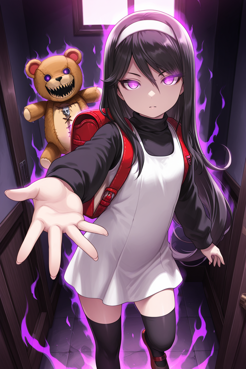 1girl, SakoErikaDevilSummoner, 
general, solo, perspective,
undead, long hair, straight hair, purple eyes,
white hairband,
white dress, turtleneck, long sleeves,
black thighhighs, zettai ryouiki, randoseru,
mary janes,
looking at viewer, glowing eyes, reaching, aura,
teddy bear and flying, 
horror \(theme\), indoors,
<lora:kp_SakoErikaDevilSummonerIllustrious_v1_0:1.0>,
masterpiece, best quality, amazing quality