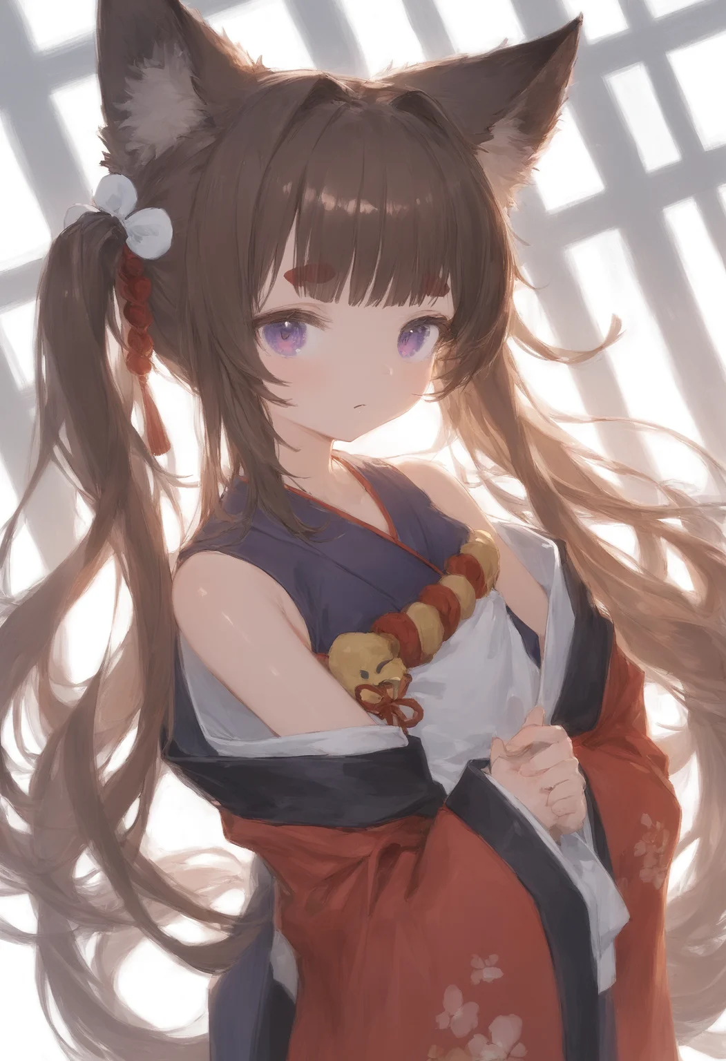 score_9,score_8_up,score_7_up,,source_anime BREAK cover illustration, 1girl,curvy, shiny skin, smooth skin, Studio lighting,ultra-fine painting,sharp focus,physically-based rendering,extreme detail description,Vivid Colors,dutch angle,backlighting,strong_rim_light,light leaks,white background, , kimono, wide sleeves, long sleeves, japanese clothes, animal ears, long hair, brown hair, purple eyes, sidelocks, thick eyebrows, twintails, blunt bangs, fox ears<lora:Xtc:1>