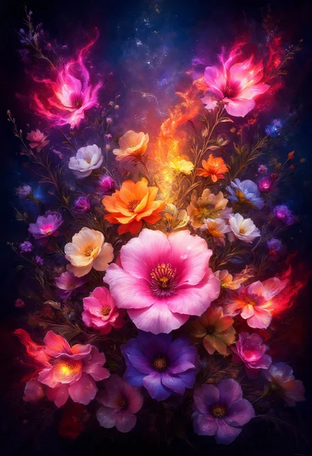 vibrant orange Bleeding Hearts flowers and glowing red butterflies against a pitch-black background Painterly, surreal, vibrant glow, bokeh, 8k,Pink Roses, purple_flower,pink_flower,white_flower,yellow_flower,grappe_flower
