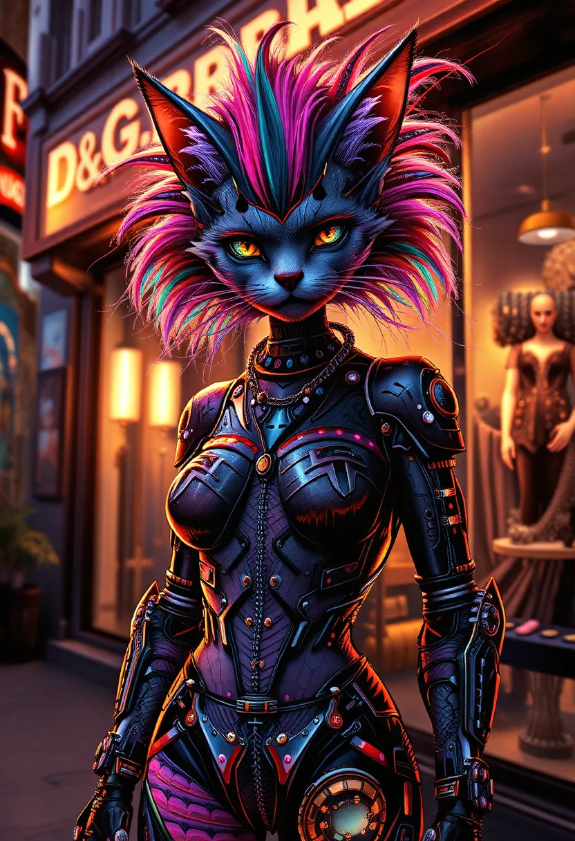 gypsypunk style, avant_gardepunk style, at sunset, a cat-human hybrid stands proudly outside a futuristic D&G-style boutique, sleek carbon fiber mechanical arms, atmospheric perspective, hairstyle a riot of colorful spikes and dye, augmented enhancements visible, glowing circuits and fiber-optic strands and LEDs of pulsing with energy, and explosion of creative chaos, vibrant colors and bold outlines, style of Wayne Barlowe meets Jean-Paul Goude, <lora:other/flux_realism_lora> . cutting-edge fusion of art, music, fashion, and technology, blending bold, colorful patterns, distorted proportions, abstract shapes, and augmented mechanical enhancements, featuring punk-inspired hairstyles, makeup, and accessories, and an atmosphere of creativity and rebellion, <lora:other/Pop_Art_Pusher>, art . gypsy-inspired aesthetic with punk elements, traditional gypsy music, and augmented mechanical enhancements