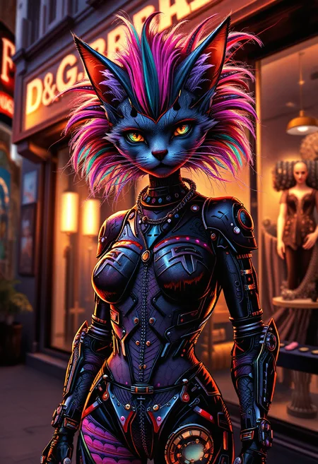 gypsypunk style, avant_gardepunk style, at sunset, a cat-human hybrid stands proudly outside a futuristic D&G-style boutique, sleek carbon fiber mechanical arms, atmospheric perspective, hairstyle a riot of colorful spikes and dye, augmented enhancements visible, glowing circuits and fiber-optic strands and LEDs of pulsing with energy, and explosion of creative chaos, vibrant colors and bold outlines, style of Wayne Barlowe meets Jean-Paul Goude, <lora:other/flux_realism_lora> . cutting-edge fusion of art, music, fashion, and technology, blending bold, colorful patterns, distorted proportions, abstract shapes, and augmented mechanical enhancements, featuring punk-inspired hairstyles, makeup, and accessories, and an atmosphere of creativity and rebellion, <lora:other/Pop_Art_Pusher>, art . gypsy-inspired aesthetic with punk elements, traditional gypsy music, and augmented mechanical enhancements