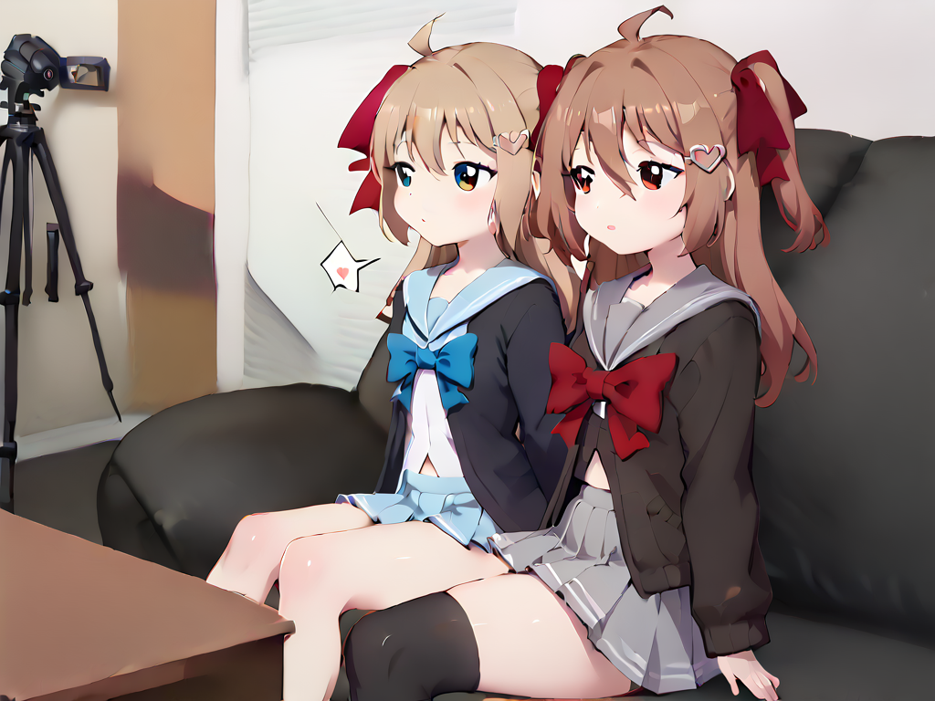 2girls, <lora:Casting_couch:1> casting couch, black couch BREAK
<lora:NeuroSama:1> Neuro-sama, 1girl, blue eyes, ahoge, long hair, hair between eyes, 1girl, blue eyes, black thighhighs, ahoge, sitting, blue skirt, long hair, single thighhigh on the right leg, grey sailor collar, serafuku, hair ribbon, grey skirt, brown cardigan, pleated skirt, long sleeves, two side up, hair between eyes, white shirt, red ribbon, hair bow, blue sailor collar, blue bow, open clothes, single kneehigh on the left leg, heart hair ornament BREAK
 <lora:EvilNeuroSama:1> Evil Neuro-sama, 1girl, red eyes, hair between eyes, brown hair, ahoge, 1girl, red eyes, pleated skirt, heart hair ornament, black sailor collar, red bow, two side up, open cardigan, black serafuku, hair between eyes, brown hair, ahoge, black shirt, open clothes, black skirt, long sleeves, hair bow, grey skirt, hair ribbon, grey sailor collar, black cardigan, red ribbon, hairclip, open jacket,, masterpiece,best quality, highly detailed, score_9, score_8_up, score_7_up, score_6_up,source_Anime,