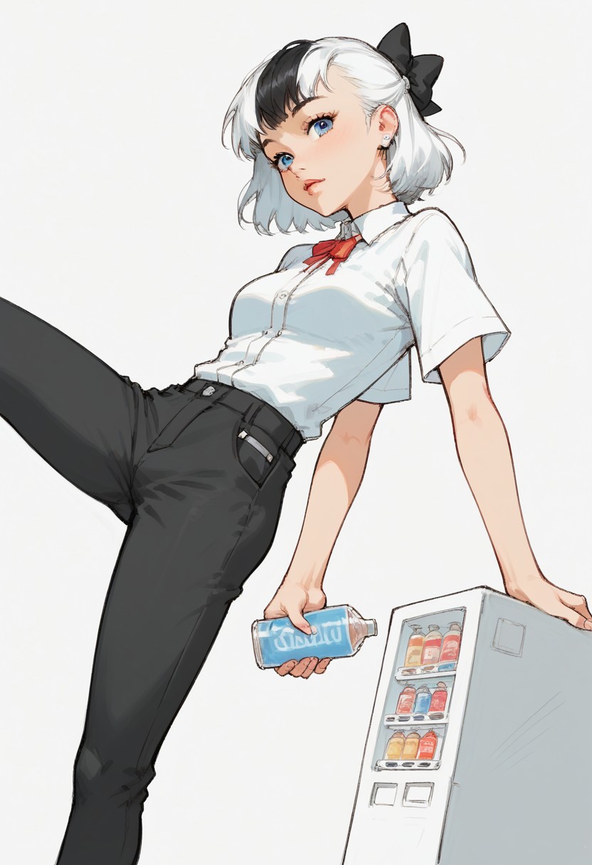 <lora:jihankiKickPony:0.7> jihanki kick, jihanki, 
score_9,score_8_up,score_7_up, source_anime, 
vending machine, 
motion blur, 
1girl, 
cute face,
culm,
detailed eyes, 
blue eyes,
white hair, colour hair,
leg up,
black pants,
straight angle,
looking to viewer,
BREAK,
 pencil drawing, charcoal sketch, black-and-white, detailed, expressive, high-contrast shading, textured strokes, soft gradients, close-up portrait, smudged charcoal shadows, delicate crosshatching, rough edges, focused composition, dramatic lighting, alternative aesthetic, minimalist background, hand-drawn textures, traditional sketch style, artistic mood, professional rendering, paper texture